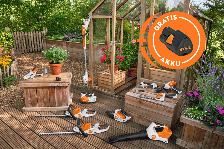 Aktionsbild der STIHL Herbstaktion AS-System Gratis Akku Aktion 2026